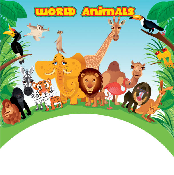 ilustraciones, imágenes clip art, dibujos animados e iconos de stock de mundo los animales - monkey baboon elephant ape