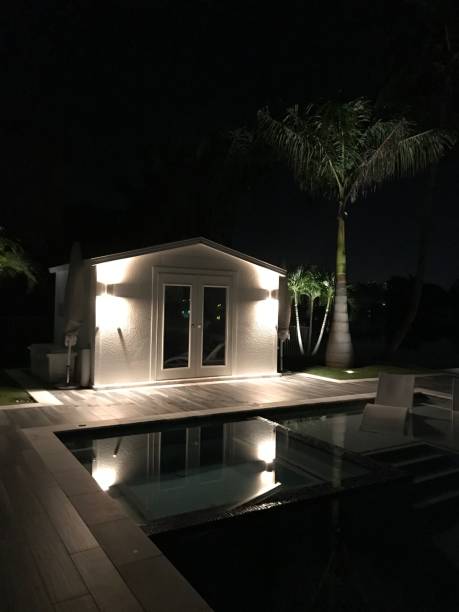 istock Backyard Shed at Night with Pool and Palm Tree 881125208
