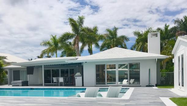 istock Single-story contemporary tropical house with pool 881127282