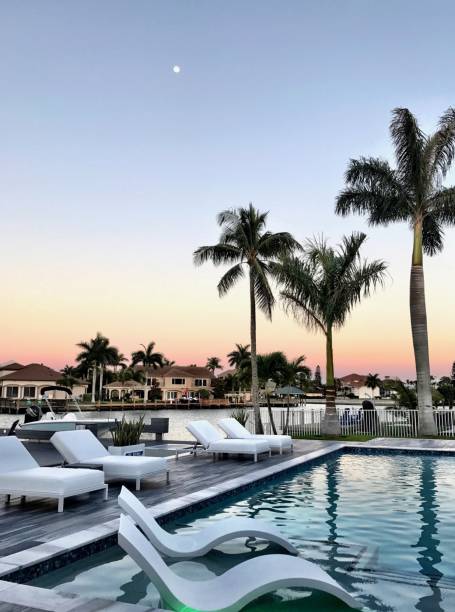 istock Moon in the sky over Modern Tropical Backyard  Pool 881127628