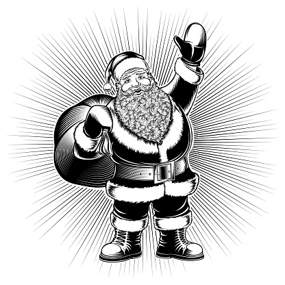 Santa Claus is holding bag of gifts on radiant background and show greeting gesture on Christmas or New Year. Vector graphic pop art illustration in ink stamping print retro vintage hand drawing style