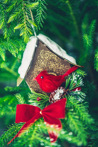 Birdhouse and cardinal Christmas ornament on Christmas tree