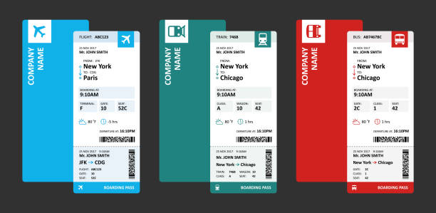 ilustrações de stock, clip art, desenhos animados e ícones de airline, railway and bus tickets or boarding passes for travelling - vector illustration - airplane ticket ticket airplane internet