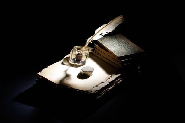 istock Vintage background with old ink bottle, books, papers and quill 881146286
