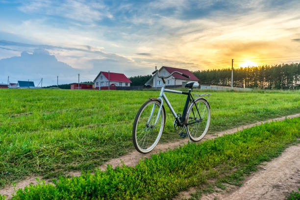 istock Old bicycle on the road in a field 881147672