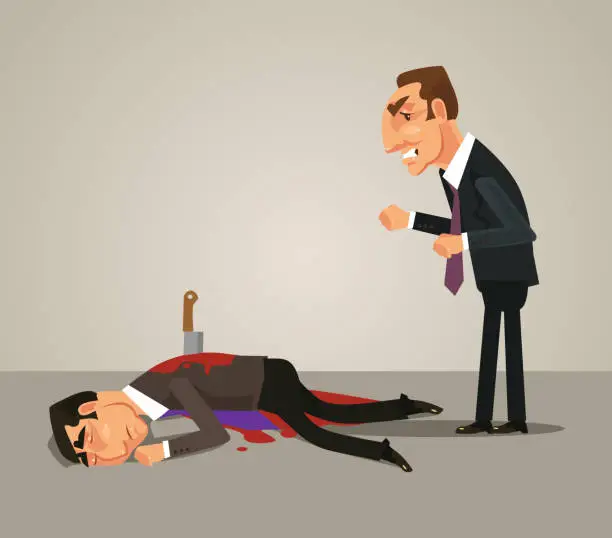 Vector illustration of Jealous office worker businessman kill by knife his colleague. Bad teamwork concept