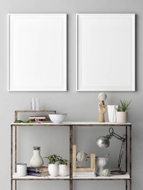 istock Mock up poster with metal shelf, concept interior design 881171058