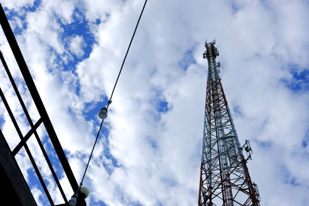 istock blue sky with cloud and electric pole in Line Thailand. 881174692
