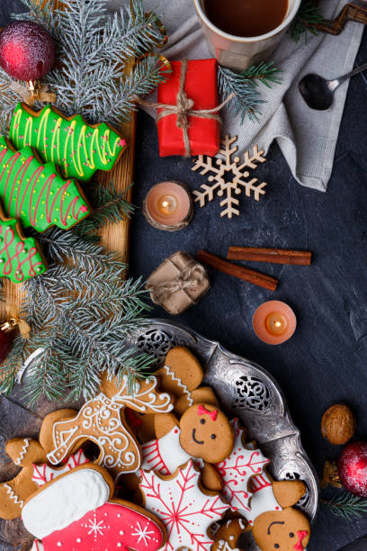istock New Year's concept, top view, on the table New Year's biscuits, coffee, gift boxes. 881181292