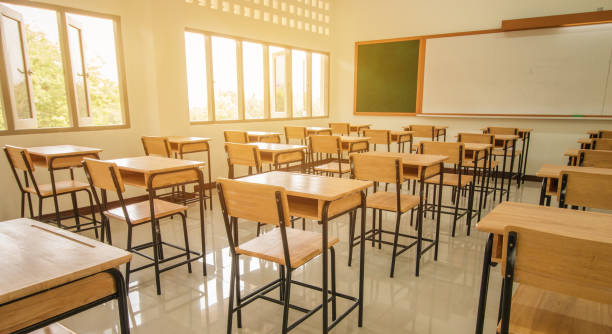 Lecture room or School empty classroom with desks and chair iron wood for studying lessons in high school thailand, interior of secondary education, with whiteboard, vintage tone educational concept Lecture room or School empty classroom with desks and chair iron wood for studying lessons in high school thailand, interior of secondary education, with whiteboard, vintage tone educational concept board eraser photos stock pictures, royalty-free photos & images