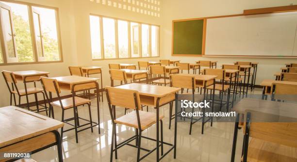 Lecture Room Or School Empty Classroom With Desks And Chair Iron Wood For Studying Lessons In High School Thailand Interior Of Secondary Education With Whiteboard Vintage Tone Educational Concept Stock Photo - Download Image Now