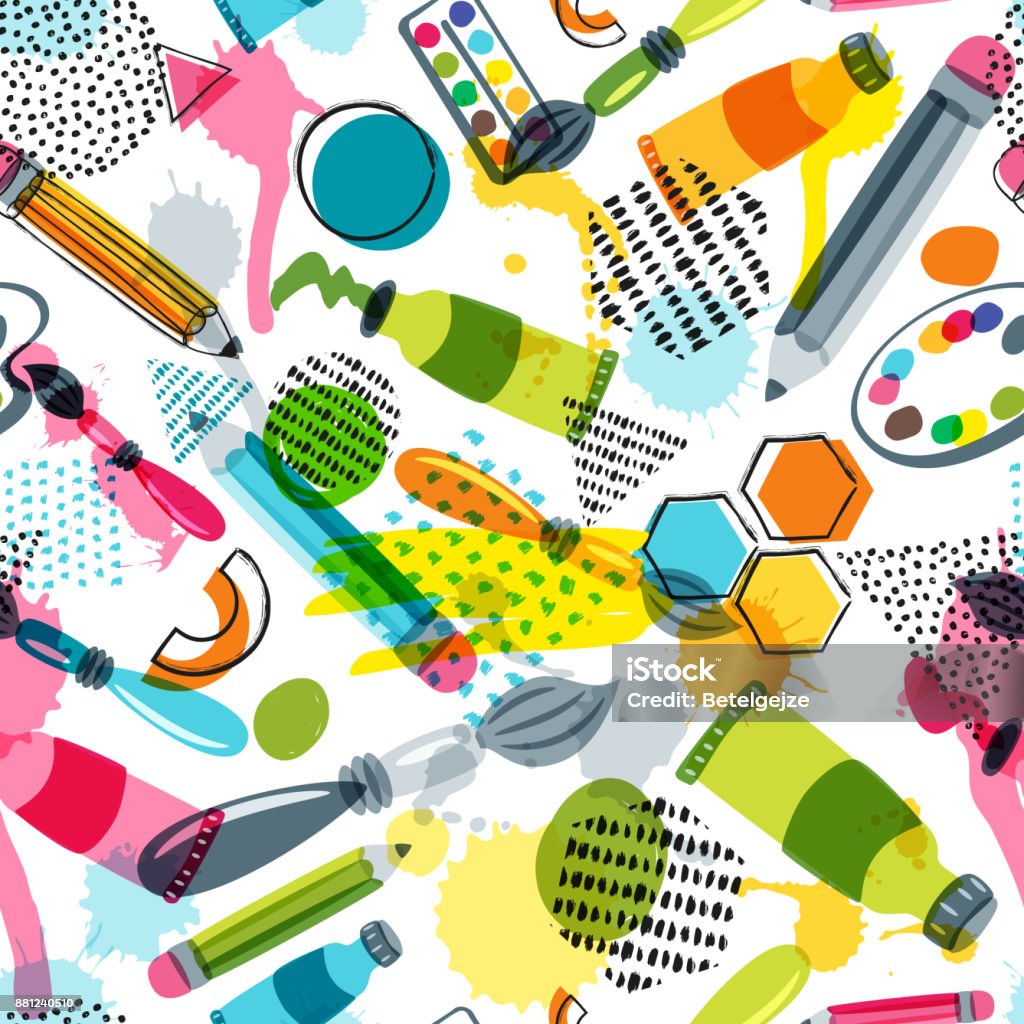 Art materials for craft design, creativity. Vector doodle seamless pattern. Background with items for handmade activity Art materials for craft design and creativity. Vector doodle seamless pattern. Creative background with pencils, brushes, watercolor paints and other items for handmade activity. Craft stock vector