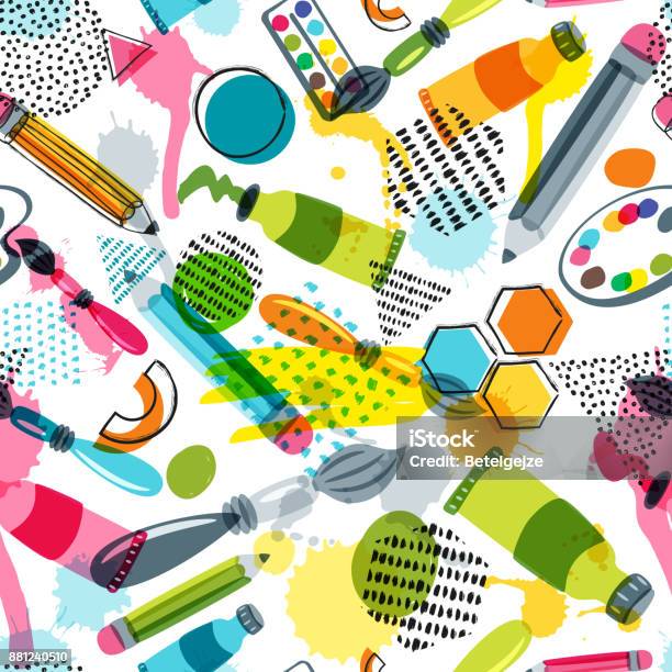 Art Materials For Craft Design Creativity Vector Doodle Seamless Pattern Background With Items For Handmade Activity Stock Illustration - Download Image Now