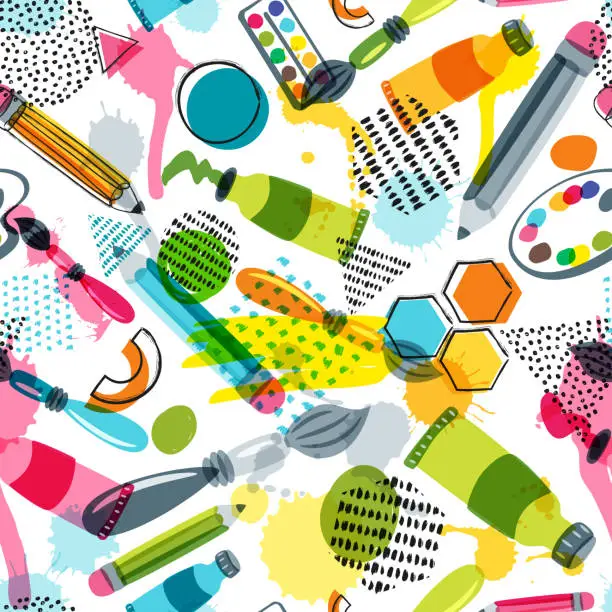 Vector illustration of Art materials for craft design, creativity. Vector doodle seamless pattern. Background with items for handmade activity