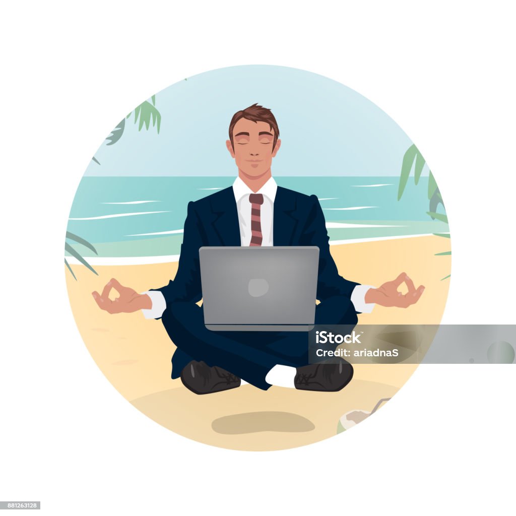 Businessmant hovering in lotus pose on beach Man in business suit hovering in air, in lotus pose, on beach, by sea. Concentration on work concept. Front face view. Simplistic realistic comic art style Adult stock vector