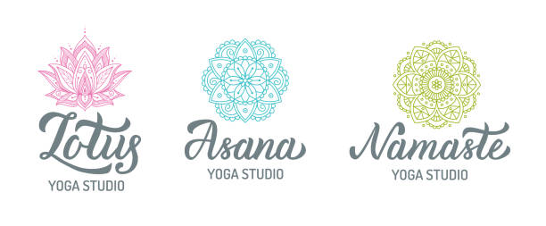 Yoga studio logo set Yoga studio logo set with mandalas isolated on white background. Hand lettering elements. Vector illustration. anjali mudra stock illustrations
