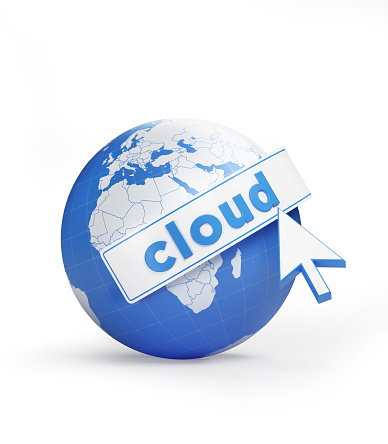 Cloud computing concept. A mouse cursor is clicking cloud text on a globe textured with blue and white world map. Vertical composition with copy space. Clipping path is included.