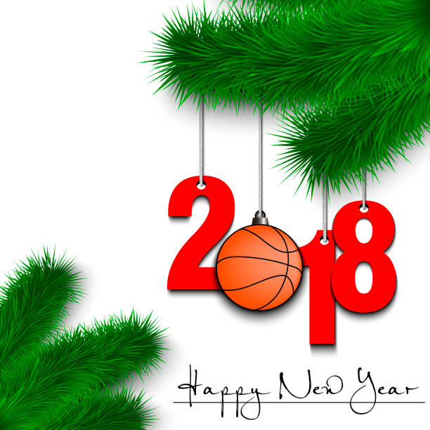 istock Basketball balls and 2018 on Christmas tree branch 881281388