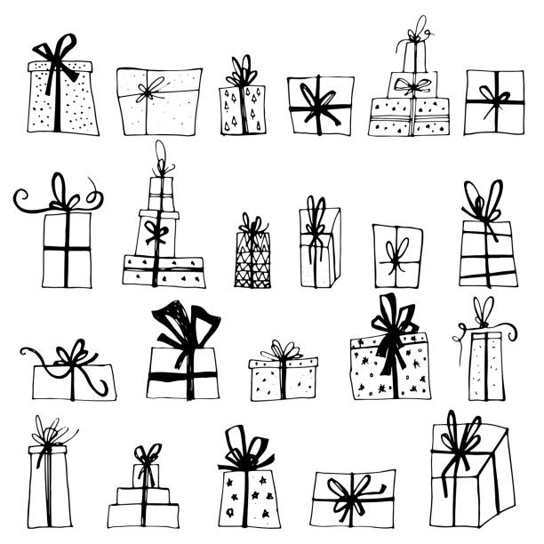 Hand drawn Chistmas gift boxes isolated on white background. Merry Christmas Happy new year for flyer, poster, banner, web, header. Xmas design. Hand drawn Chistmas gift boxes isolated on white background. Merry Christmas Happy new year for flyer, poster, banner, web, header. Xmas design. wrapping paper illustrations stock illustrations