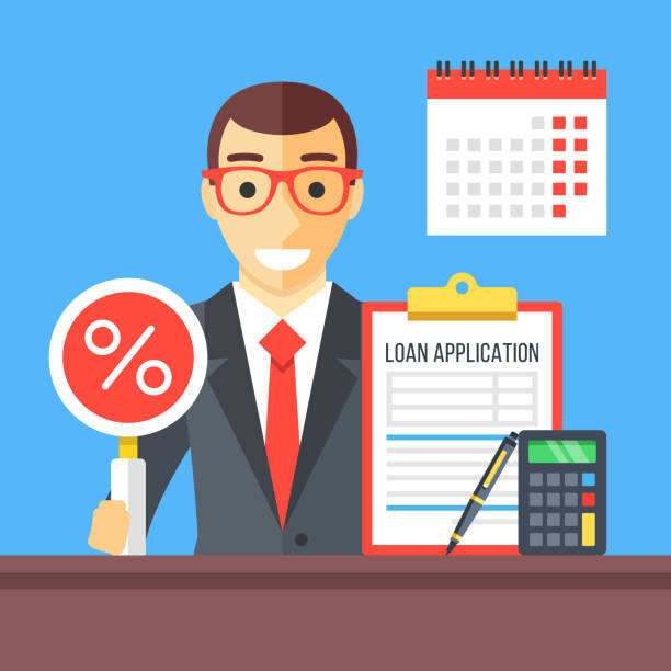 Loan application interview. Man in suit with magnifying glass and percentage sign, loan application document clipboard, calculator, pen and wall calendar. Modern flat design vector illustration Loan application interview. Man in suit with magnifying glass and percentage sign, loan application document clipboard, calculator, pen and wall calendar. Modern flat design vector illustration financial advisor percentage sign business finance stock illustrations