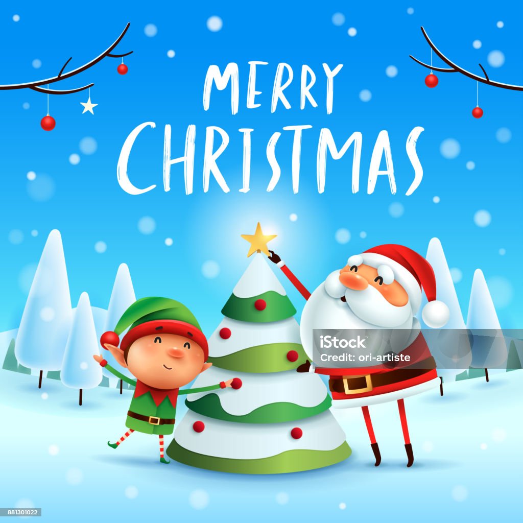 Chúc Mừng Giáng Sinh Ông Già Noel Và Elf Trang Trí Cây Thông Noel Trong Cảnh  Tuyết Giáng Sinh Phong Cảnh Mùa Đông Hình minh họa Sẵn có - Tải xuống Hình