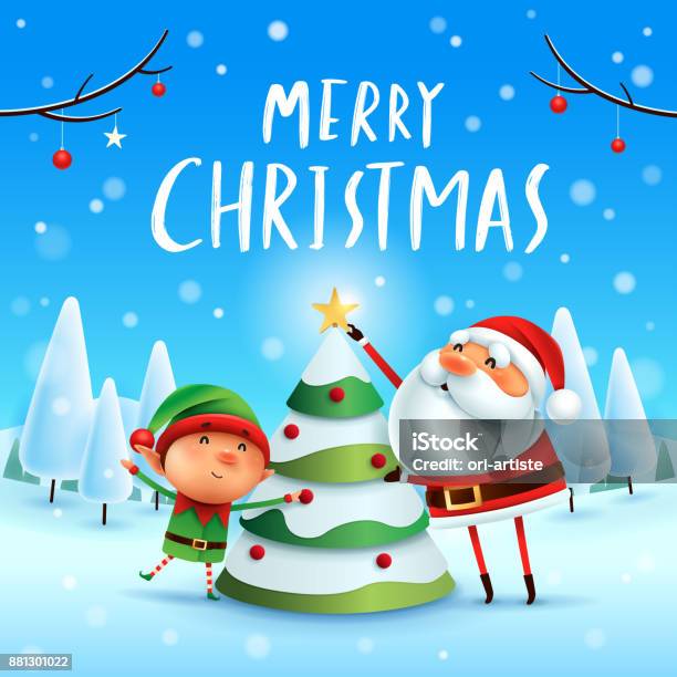 Chúc Mừng Giáng Sinh Ông Già Noel Và Elf Trang Trí Cây Thông Noel Trong Cảnh