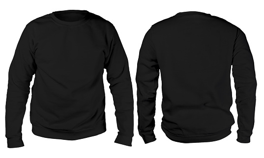 Blank sweatshirt mock up template, front, and back view, isolated on white, plain black long sleeved sweater mockup. T-shirt design presentation. Jumper for print. Blank clothes sweat shirt sweater