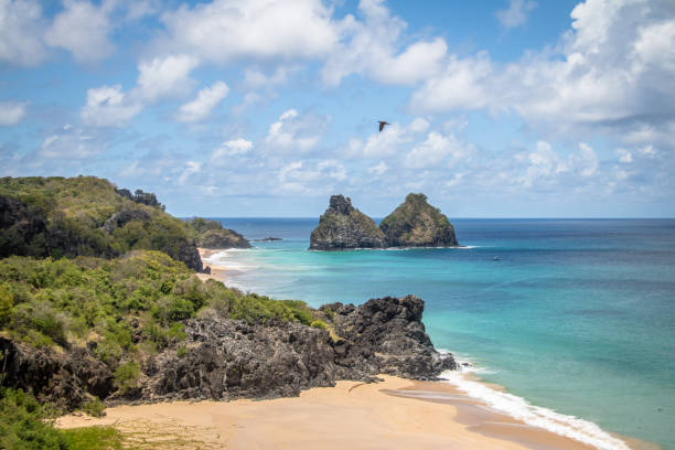 View of Morro Dois Irmaos and Praia do Americano Beach from Boldro Fortress (Forte do Boldro) Viewpoint - Fernando de Noronha, Pernambuco, Brazil View of Morro Dois Irmaos and Praia do Americano Beach from Boldro Fortress (Forte do Boldro) Viewpoint - Fernando de Noronha, Pernambuco, Brazil two brothers mountain stock pictures, royalty-free photos & images