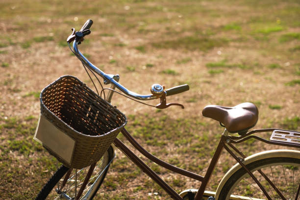 istock Close-up of bycicle with basket standing on ground. 881323986