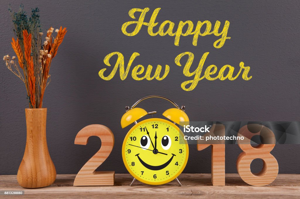 Happy New Year 2018 on Wooden Desk 12 O'Clock Stock Photo