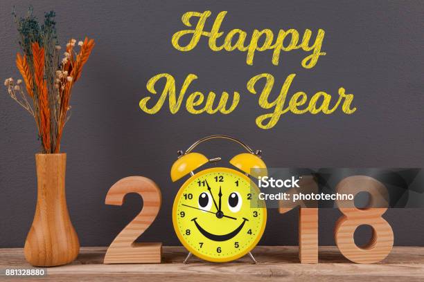 Happy New Year 2018 On Wooden Desk Stock Photo - Download Image Now - 12 O'Clock, 2018, Advertisement