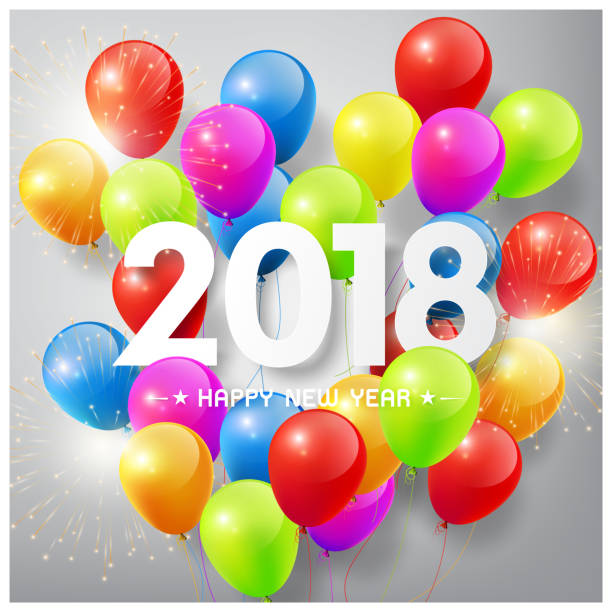 ilustrações, clipart, desenhos animados e ícones de feliz ano novo 2018 com balões coloridos e fogos de artifício, ilustração do vetor - birthday card birthday new years eve balloon