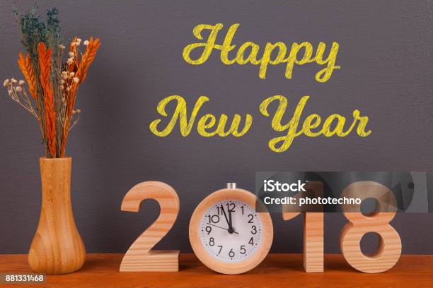 Happy New Year 2018 On Wooden Desk Countdown Clock Stock Photo - Download Image Now - 12 O'Clock, 2018, Advertisement