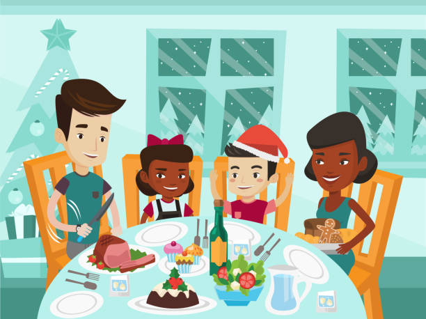 Multiethnic family celebrating Christmas day Happy multiethnic family of four celebrating Christmas day at festive table. Cheerful african-american mother and caucasian white father with their biracial kids having Christmas dinner at home. diverse family christmas stock illustrations