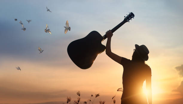 musicien guitare en tenant dans la main avec un oiseau libre de silhouette sur fond de coucher de soleil nature - musician music women guitar photos et images de collection