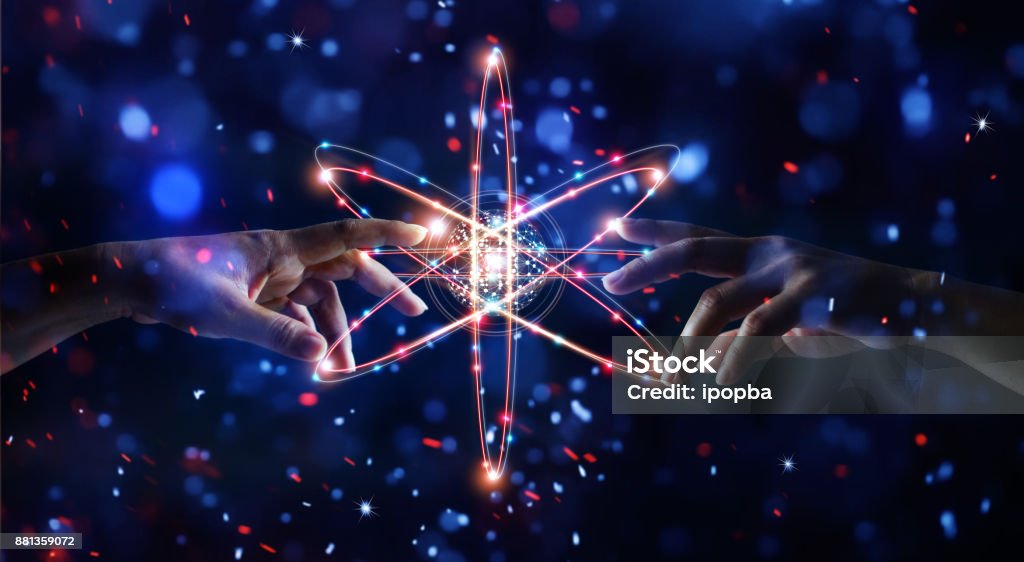 Hands touching science and network connection and data exchanges on glitter bright lights colorful  background Vitality Stock Photo