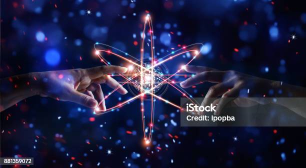 Hands Touching Science And Network Connection And Data Exchanges On Glitter Bright Lights Colorful Background Stock Photo - Download Image Now