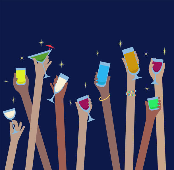 stockillustraties, clipart, cartoons en iconen met handen met het drinken van alcohol in glazen vieren op feestje - drinking wine