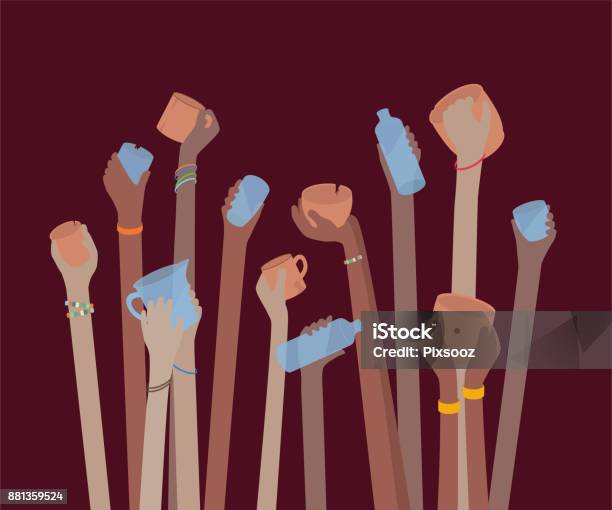 Thirsty People With Empty Cups And Glasses Beg For Water In A Drought Stock Illustration - Download Image Now