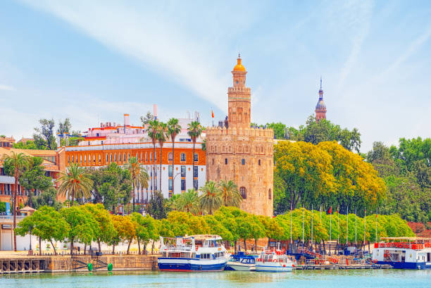 View on downtown of Seville and Guadalquivir River Promenade. View on downtown of Seville and Guadalquivir River Promenade. Spain. seville port stock pictures, royalty-free photos & images