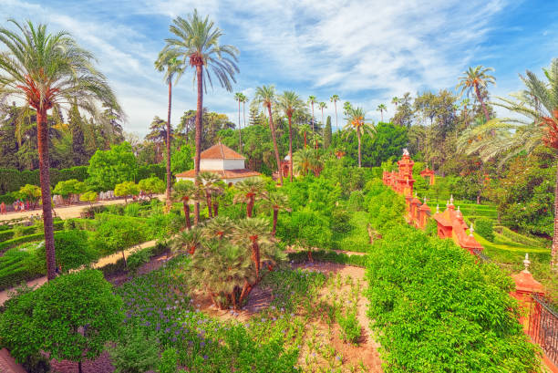 Panoramic view of big and beautiful garden - Gardens of Royal Alcazar in Seville. Spain. Seville, Spain - June 09, 2017 : Panoramic view of big and beautiful garden - Gardens of Royal Alcazar in Seville. Spain. el alcazar palace seville stock pictures, royalty-free photos & images