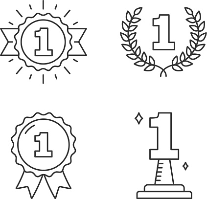 Four line icons with number one, champion, winner, leader icons, vector eps10 illustration