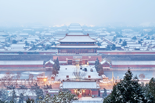 Aerial view of forbidden city in the snowing at dawn, Beijing, China.
