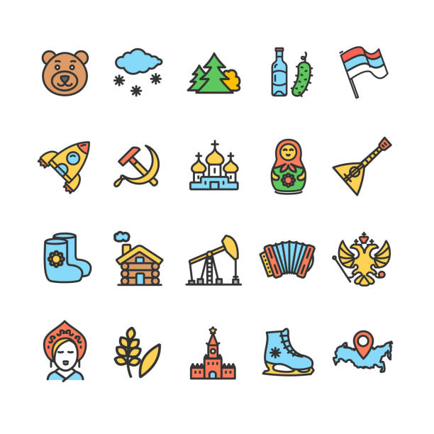 ilustrações de stock, clip art, desenhos animados e ícones de russia travel and tourism color thin line icon set. vector - russian nesting doll doll russia decoration