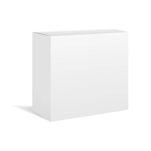 White vector realistic box package mockup White vector realistic square box package mockup for your design. Blank rectangular container or cardboard template for cosmetic, medicine, software, appliance products computer equipment box stock illustrations