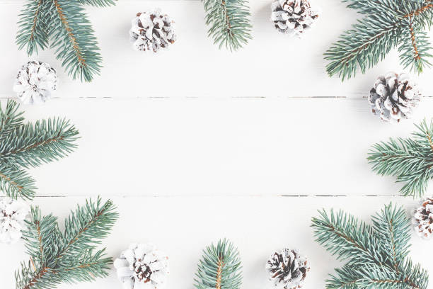 istock Fir branches on white wooden background.  Flat lay, top view 881418592
