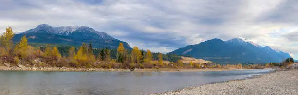 Panoramic view of the Canadian Rockies and Kicking Horse river from the town of Golden in British Columbia, Canada