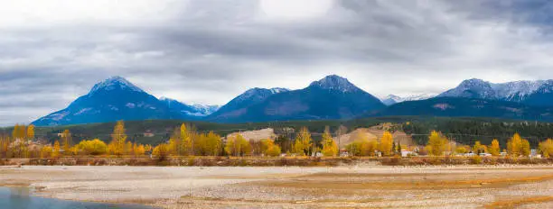 Panoramic view of the Canadian Rockies and Kicking Horse river from the town of Golden in British Columbia, Canada
