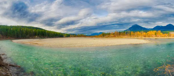 Panoramic view of the Canadian Rockies and Kicking Horse river from the town of Golden in British Columbia, Canada