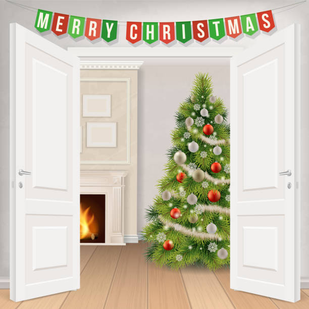 ilustrações de stock, clip art, desenhos animados e ícones de christmas interior with a decorated fir tree and a fireplace - background cosy beauty close up